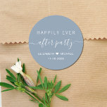 Happily Ever After Party Dusty Blue Wedding Classic Round Sticker<br><div class="desc">A chic dusty blue sticker for your wedding reception party invitations,  favours and correspondence with "Happily Ever After Party" in a mix of simple modern white typography and an elegant white script with swashes,  your first names joined by a heart and your reception date.</div>