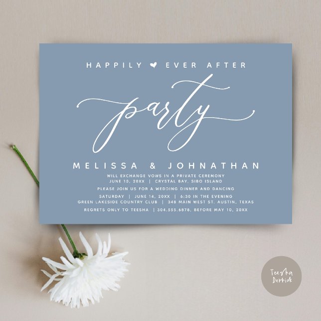 Happily Ever After Party Dusty Blue Wedding Dinner Invitation (Modern Romantic Wedding Elopement Happily Ever After Dinner Party Invitation Card, PDF, Dusty Blue)