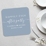 Happily Ever After Party Dusty Blue Wedding Square Paper Coaster<br><div class="desc">Chic dusty blue paper coasters for your wedding reception and other post-wedding celebrations with "Happily Ever After Party" in simple white typography and a stylish white swash script,  your names joined by a heart and your reception date.</div>