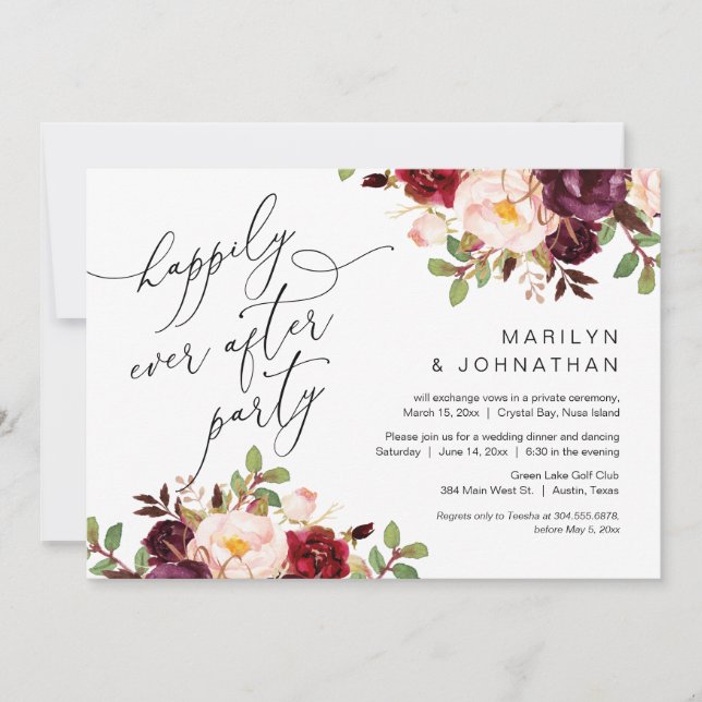 Happily Ever After Party, Elopement, Burgundy Invitation (Front)