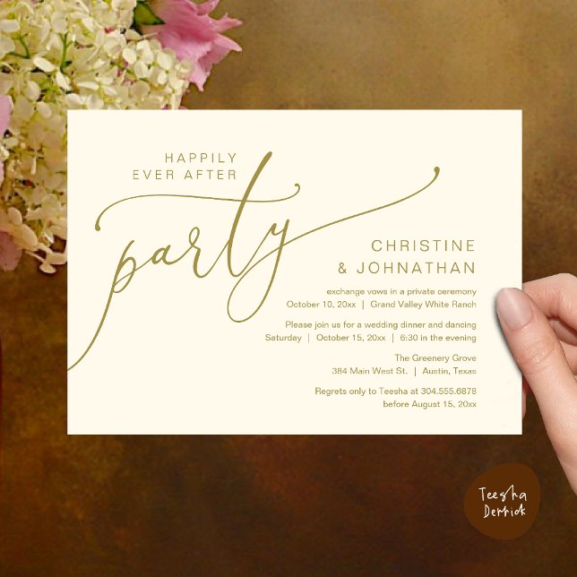 Happily Ever After Party, Elopement Dinner Dancing Invitation (Happily Ever After Party, Romantic Modern Elopement Dinner Dancing Invites Card PDF Yellow Gold)
