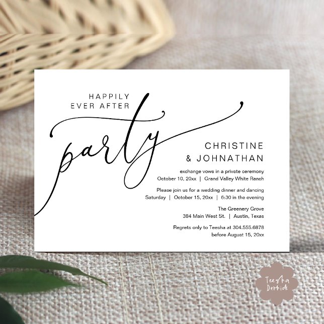 Happily Ever After Party, Elopement Dinner Dancing Invitation (Happily Ever After Party, Romantic Modern Elopement Dinner Dancing Invites Card PDF Black White)