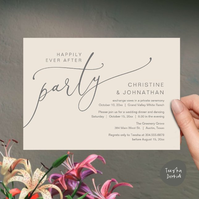 Happily Ever After Party, Elopement Dinner Dancing Invitation (Happily Ever After Party, Romantic Modern Elopement Dinner Dancing Invites Card PDF Cream Grey)