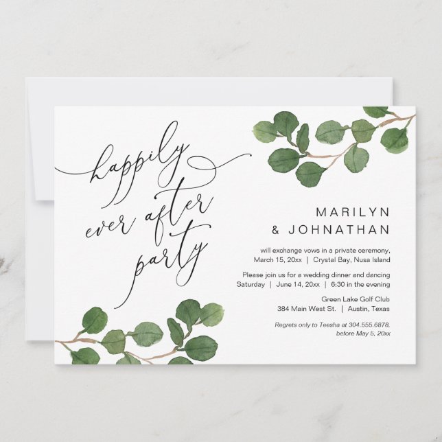 Happily Ever After Party, Elopement, Greenery Invitation (Front)