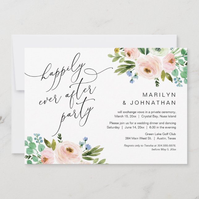 Happily Ever After Party, Elopement, Greenery Invitation (Front)