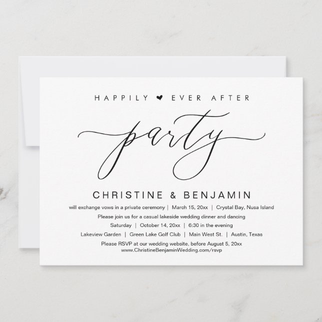 Happily Ever After Party, Elopement, Modern Script Invitation (Front)