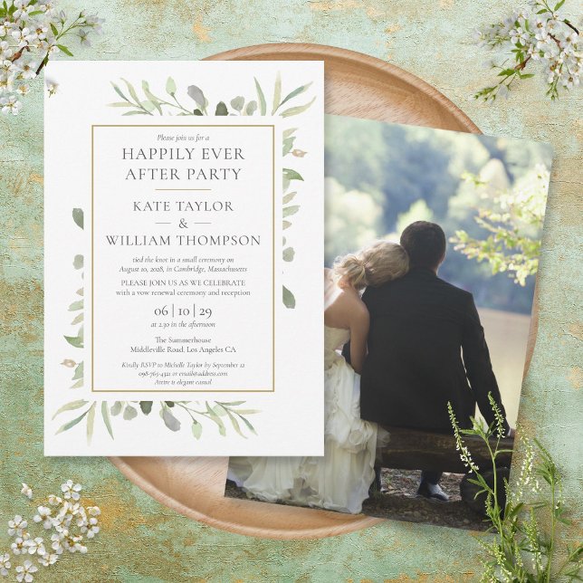 Happily Ever After Party Greenery Photo Wedding Invitation (Creator Uploaded)