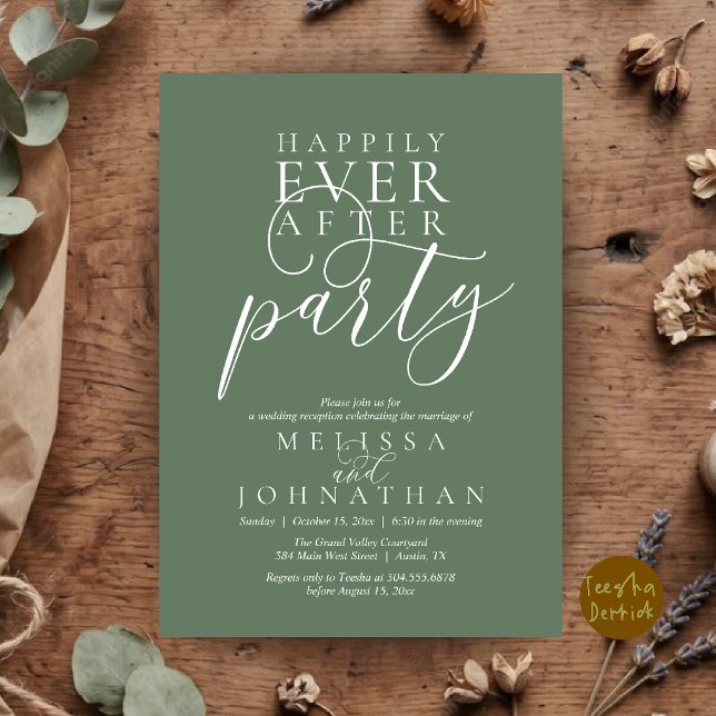 Happily Ever After Party, Modern Classy Wedding Invitation (Happily Ever After Party, Modern Classy Wedding Invitation Card in Sage Green)