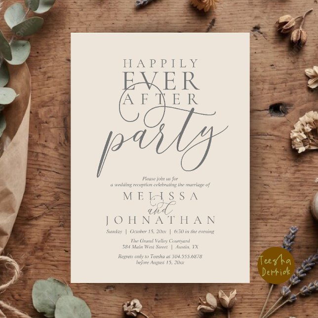 Happily Ever After Party, Modern Classy Wedding Invitation (Happily Ever After Party, Modern Classy Wedding Invitation Card in Cream and Grey)