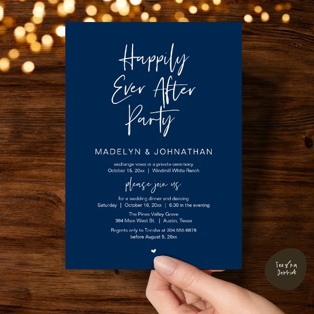 Happily Ever After Party, Modern Wedding Dinner Invitation (Happily Ever After Party, Modern Wedding Reception Dinner Invitation card in navy blue)