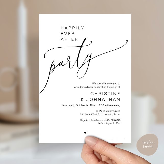 "Happily Ever After Party" Modern Wedding Dinner Invitation ("Happily Ever After Party" Modern Wedding Dinner reception Invitation card in black white)