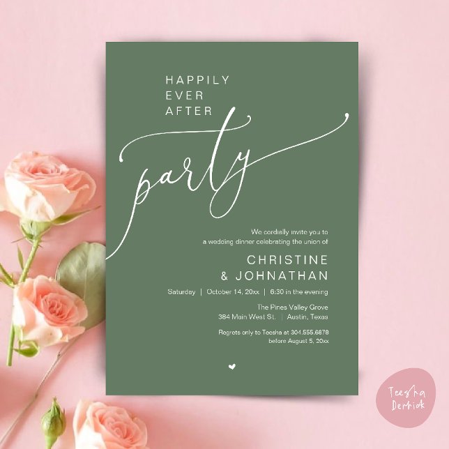 "Happily Ever After Party" Modern Wedding Dinner Invitation ("Happily Ever After Party" Modern Wedding Dinner reception Invitation card in sage green)
