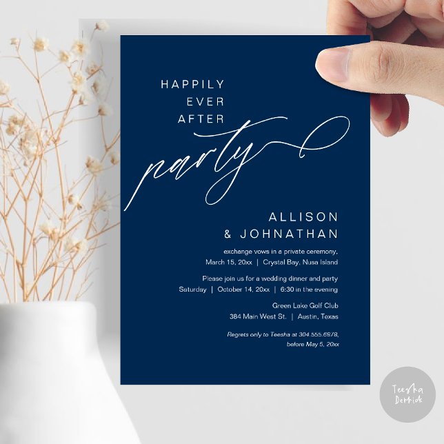 Happily Ever After Party, Modern Wedding Elopement Invitation (Happily Ever After Party, Modern Wedding Elopement Dinner Invitation Card, PDF, Navy Blue)