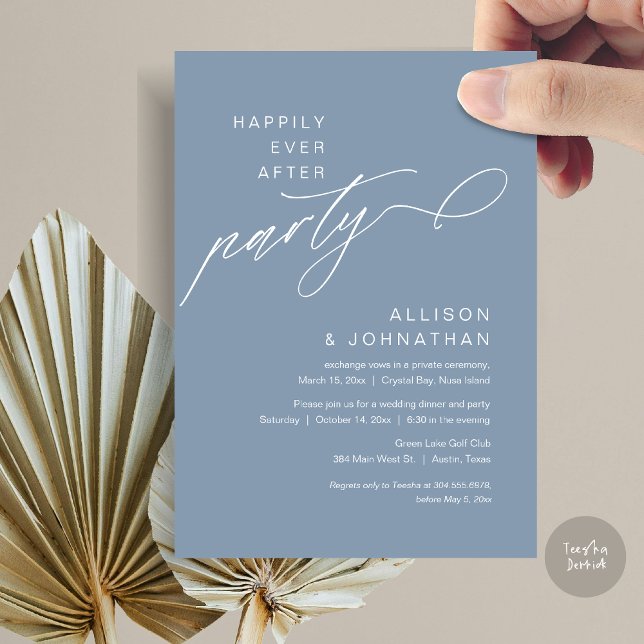 Happily Ever After Party, Modern Wedding Elopement Invitation (Happily Ever After Party, Modern Wedding Elopement Dinner Invitation Card, PDF, Dusty Blue)