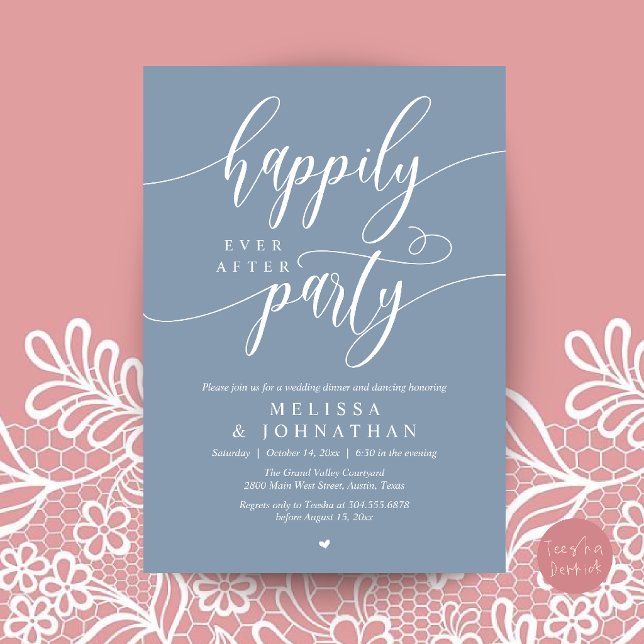 Happily Ever After Party, Modern Wedding Reception Invitation (Happily Ever After Party, Modern Wedding Reception Dinner Invitation Card in Dusty Blue)