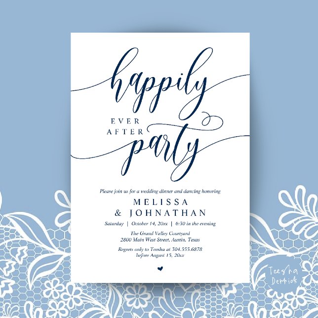 Happily Ever After Party, Modern Wedding Reception Invitation (Happily Ever After Party, Modern Wedding Reception Dinner Invitation Card in navy Blue)