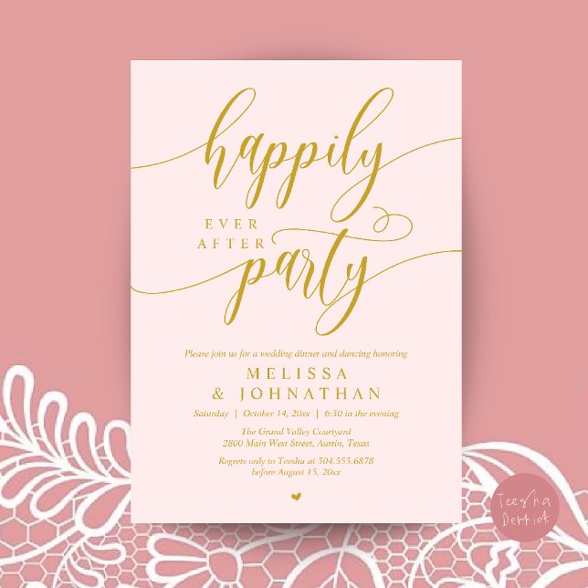 Happily Ever After Party, Modern Wedding Reception Invitation (Happily Ever After Party, Modern Wedding Reception Dinner Invitation Card in Blush and Yellow Gold)