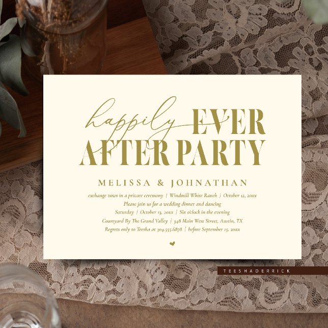 Happily Ever After Party, Modern Wedding Reception Invitation (Happily Ever After Party, Modern Wedding Reception Dinner Dancing Invitation Card in Yellow Gold)