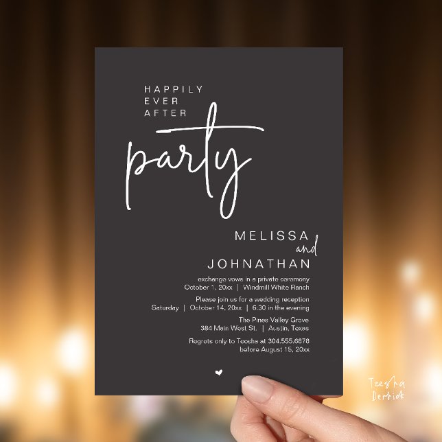 Happily Ever After Party, Modern Wedding Reception Invitation (Happily Ever After Party, Modern Wedding Reception Invitation Card in charcoal grey)
