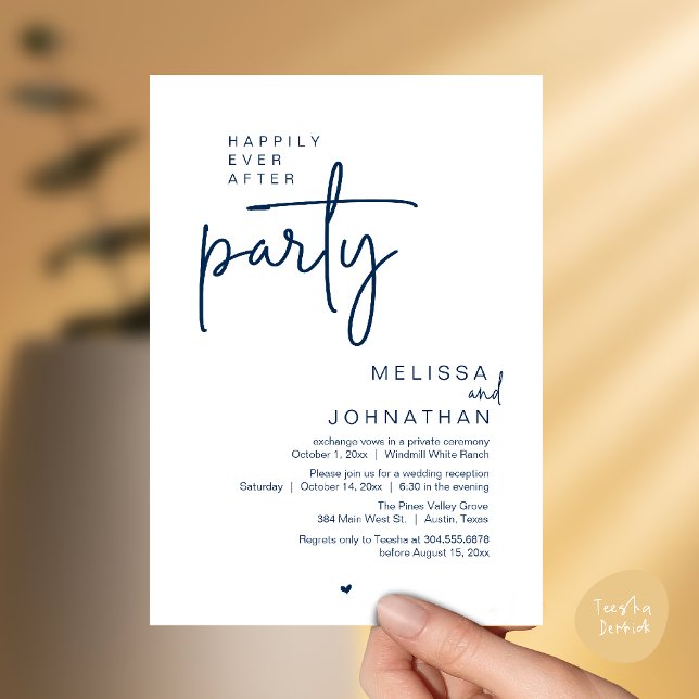 Happily Ever After Party, Modern Wedding Reception Invitation (Happily Ever After Party, Modern Wedding Reception Invitation Card in navy blue)