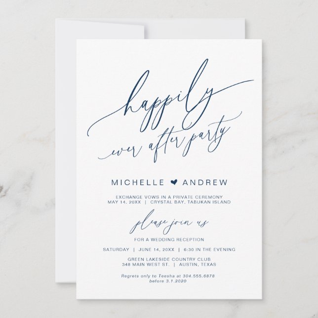 Happily Ever After Party, Navy , Wedding Elopement Invitation (Front)