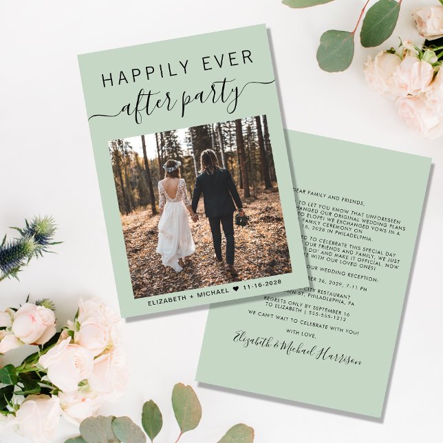 Happily Ever After Party Photo Sage Green Wedding Announcement (Creator Uploaded)