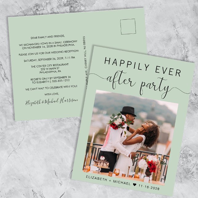 Happily Ever After Party Photo Sage Reception Invitation Postcard (Creator Uploaded)