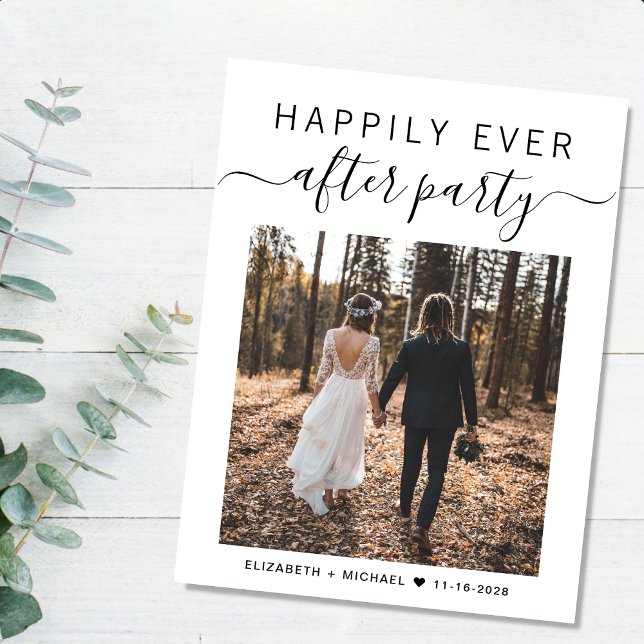 Happily Ever After Party Photo Wedding Announcement Postcard (An chic Happily Ever After Party postcard invitation for your wedding celebration)