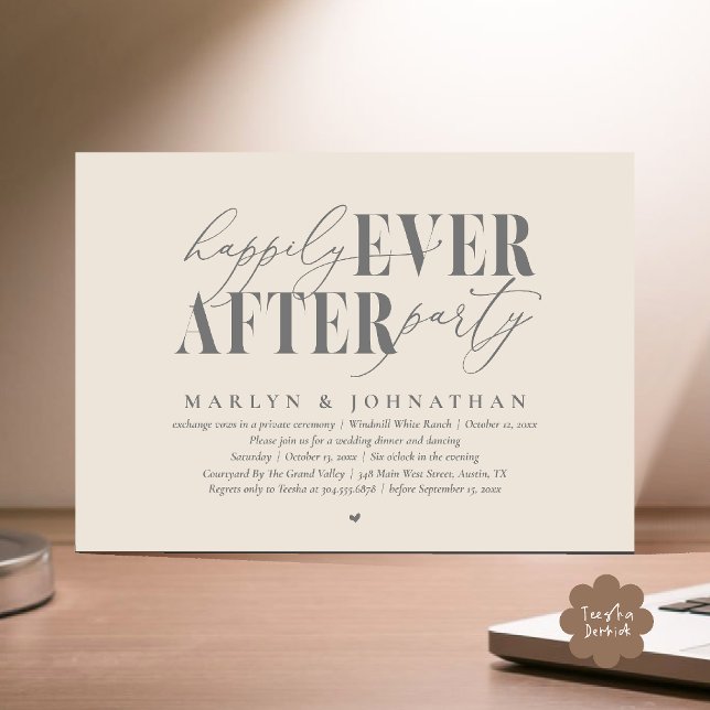 Happily Ever After Party Romance Wedding Reception Invitation (Happily Ever After Party Romance Wedding Reception Dinner Invitation Card in Cream Grey)