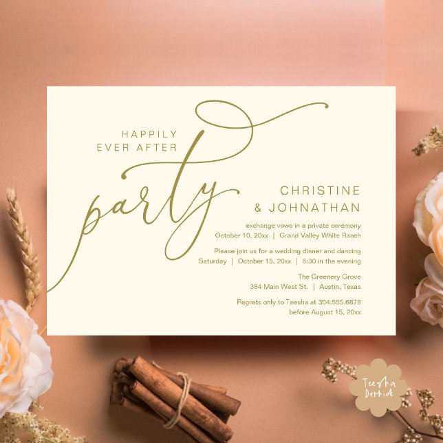 Happily Ever After Party, Romantic Dinner Dancing Invitation (Happily Ever After Party, Romantic Modern Elopement Dinner Dancing Invites Card PDF Yellow Gold)