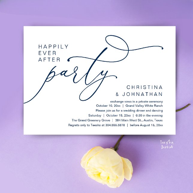 Happily Ever After Party, Romantic Wedding Dinner Invitation (Happily Ever After Party, Romantic Wedding Dinner Invitation card in navy blue)
