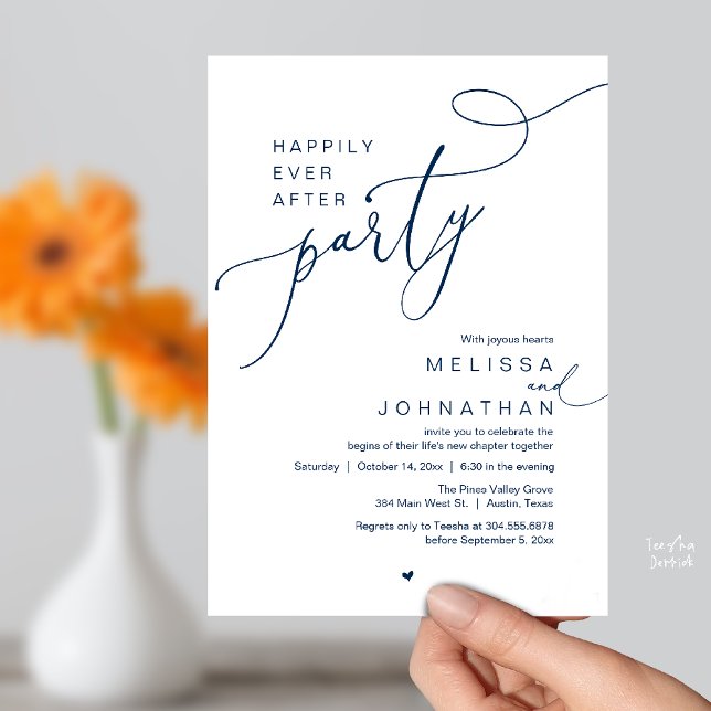 Happily Ever After Party, Romantic Wedding Dinner Invitation (Happily Ever After Party, Romantic Wedding Reception Dinner Invitation Card in Navy Blue)