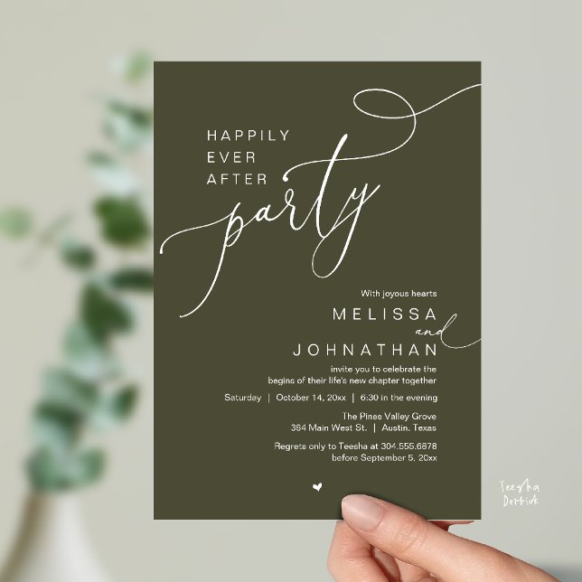 Happily Ever After Party, Romantic Wedding Dinner Invitation (Happily Ever After Party, Romantic Wedding Reception Dinner Invitation Card in Olive Green)