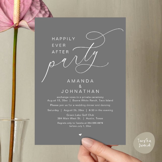 Happily Ever After Party, Romantic Wedding Dinner Invitation (Happily Ever After Party, Modern Romantic Wedding Dinner Invitation Card, PDF, Dark Grey)
