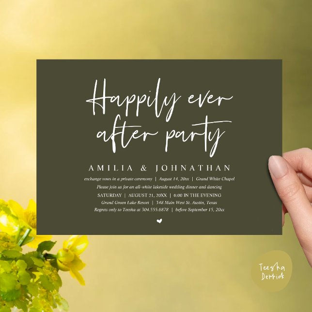 Happily Ever After Party, Romantic Wedding Dinner Invitation (Happily Ever After Party, After the wedding celebration Romantic Dinner Invites PDF Olive Green)