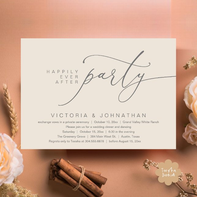 Happily Ever After Party, Romantic Wedding Dinner Invitation (Happily Ever After Party, Romantic Wedding Dinner Invitation Card PDF aesthetic Cream Grey)