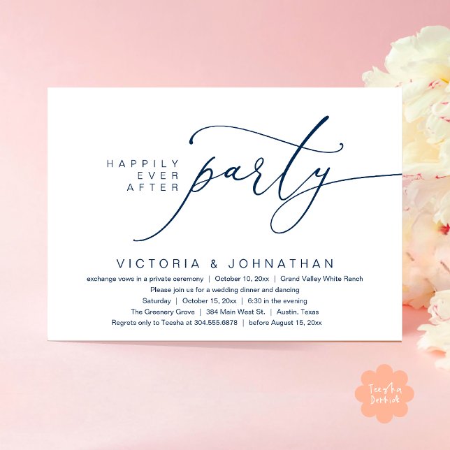 Happily Ever After Party, Romantic Wedding Dinner Invitation (Happily Ever After Party, Romantic Wedding Dinner Invitation Card PDF aesthetic Classy Navy Blue)