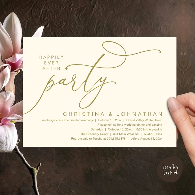 Happily Ever After Party, Romantic Wedding Dinner Invitation (Happily Ever After Party, Romantic Modern Elopement Dinner Dancing Invites Card PDF Yellow Gold)