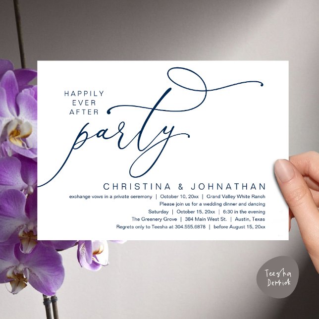Happily Ever After Party, Romantic Wedding Dinner Invitation (Happily Ever After Party, Romantic Modern Elopement Dinner Dancing Invites Card PDF Navy Blue)