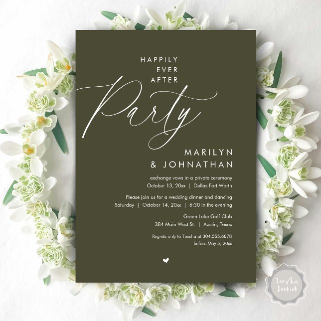 Happily Ever After Party, Romantic Wedding Dinner Invitation (Happily Ever After Party, Modern Romantic Wedding Dinner Invitation Card, PDF, in Olive Green)