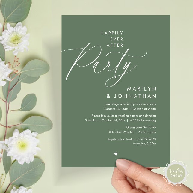 Happily Ever After Party, Romantic Wedding Dinner Invitation (Happily Ever After Party, Modern Romantic Wedding Dinner Invitation Card, PDF, in Forest Sage Green)