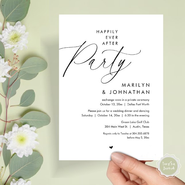 Happily Ever After Party, Romantic Wedding Dinner Invitation (Happily Ever After Party, Modern Romantic Wedding Dinner Invitation Card, PDF, in Black and White)