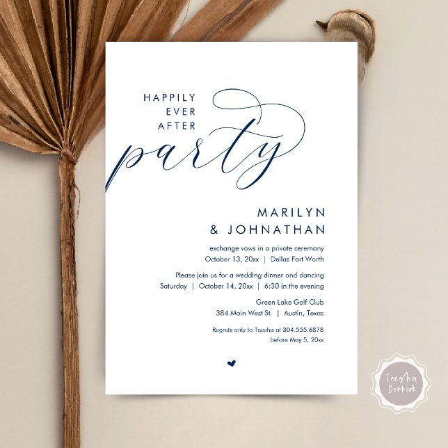 Happily Ever After Party, Romantic Wedding Dinner Invitation (Happily Ever After Party, Modern Romantic Wedding Dinner Invitation Card, PDF, in Navy Blue)