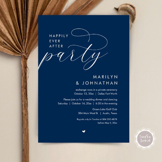 Happily Ever After Party, Romantic Wedding Dinner Invitation (Happily Ever After Party, Modern Romantic Wedding Dinner Invitation Card, PDF, in Navy Blue)