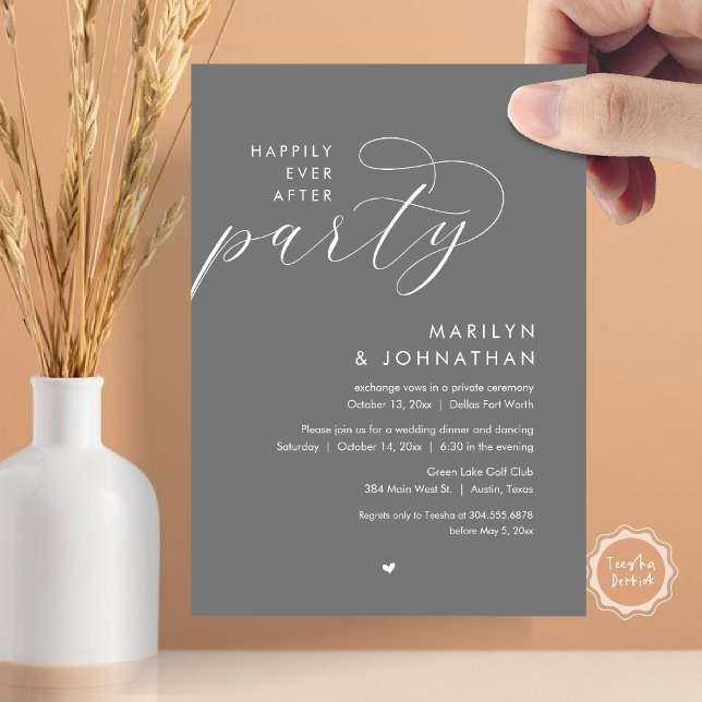 Happily Ever After Party, Romantic Wedding Dinner Invitation (Happily Ever After Party, Modern Romantic Wedding Dinner Invitation Card, PDF, in Dark Grey)