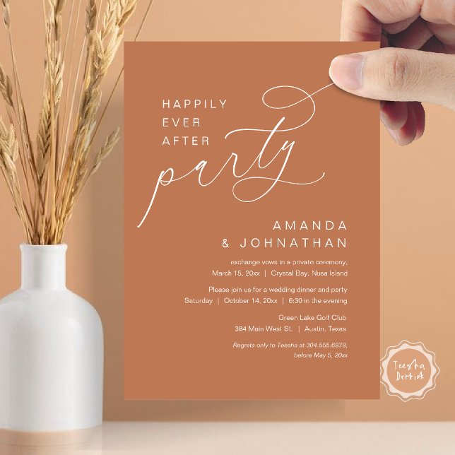 Happily Ever After Party, Romantic Wedding Invitation (Happily Ever After Party, Modern Romantic Wedding Dinner Invitation Card in Rustic Rust Orange)