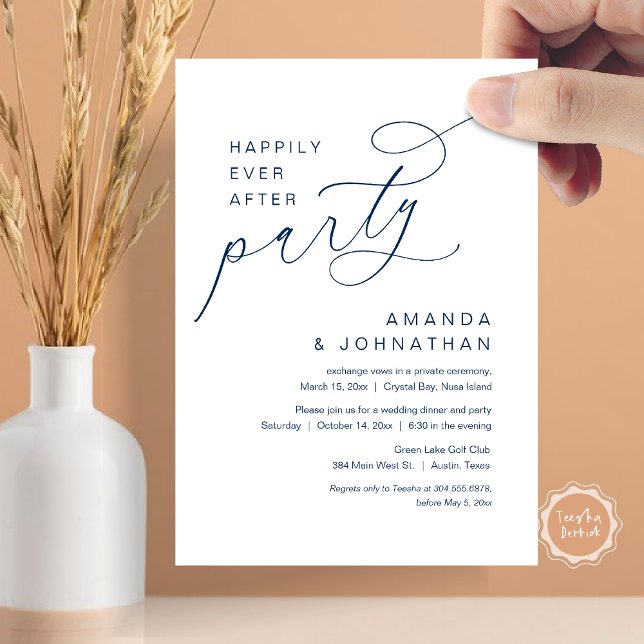 Happily Ever After Party, Romantic Wedding Invitation (Happily Ever After Party, Modern Romantic Wedding Dinner Invitation Card in Navy Blue)