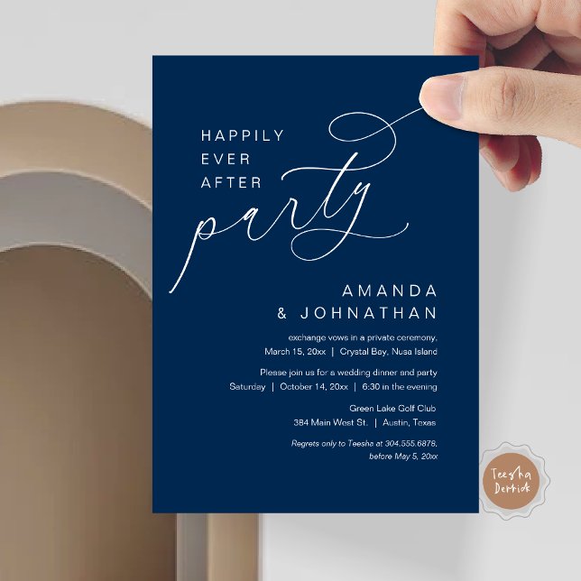 Happily Ever After Party, Romantic Wedding Invitation (Happily Ever After Party, Modern Romantic Wedding Dinner Invitation Card in navy blue)