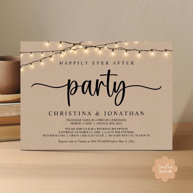 Happily Ever After Party, Rustic String Lights Wed Invitation (Happily Ever After Party, Rustic String Lights Wed Invitation Card, Dark Brown kraft Background)