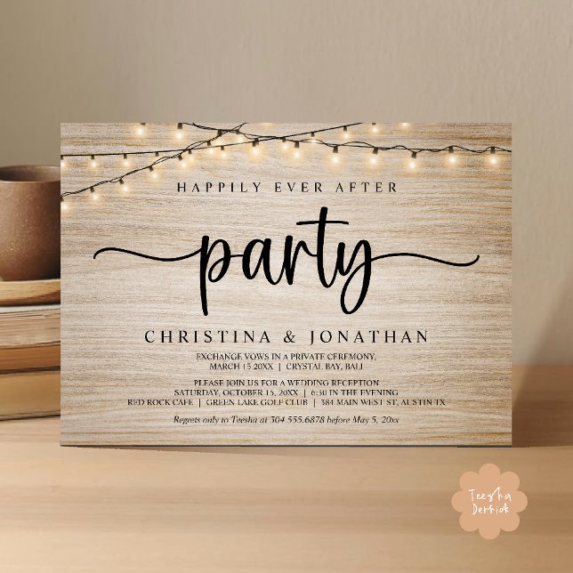 Happily Ever After Party, Rustic String Lights Wed Invitation (Happily Ever After Party, Rustic String Lights Wed Invitation Card, Dark Brown Wood Background)